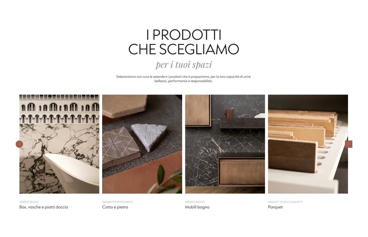 UI design sezione prodotti Ottoboni — griglia editoriale con immagini showroom e descrizioni servizi