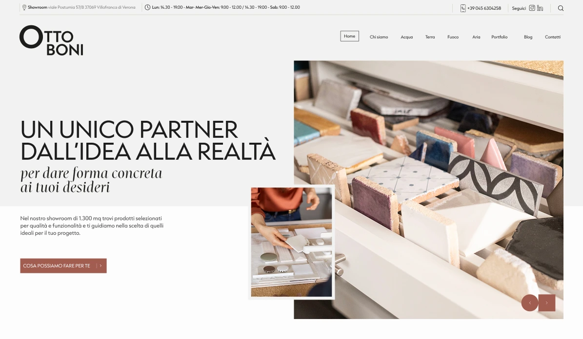 UI design homepage sito Ottoboni — layout hero con immagine editoriale e navigazione principale