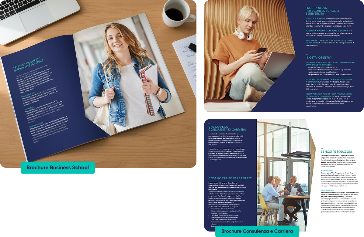 Brochure Jobhunters Business School — layout editoriale con fotografia e tipografia