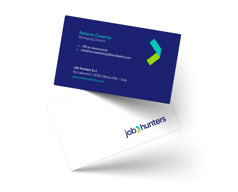 Biglietti da visita Jobhunters — fronte logo su fondo bianco, retro navy con dati in teal