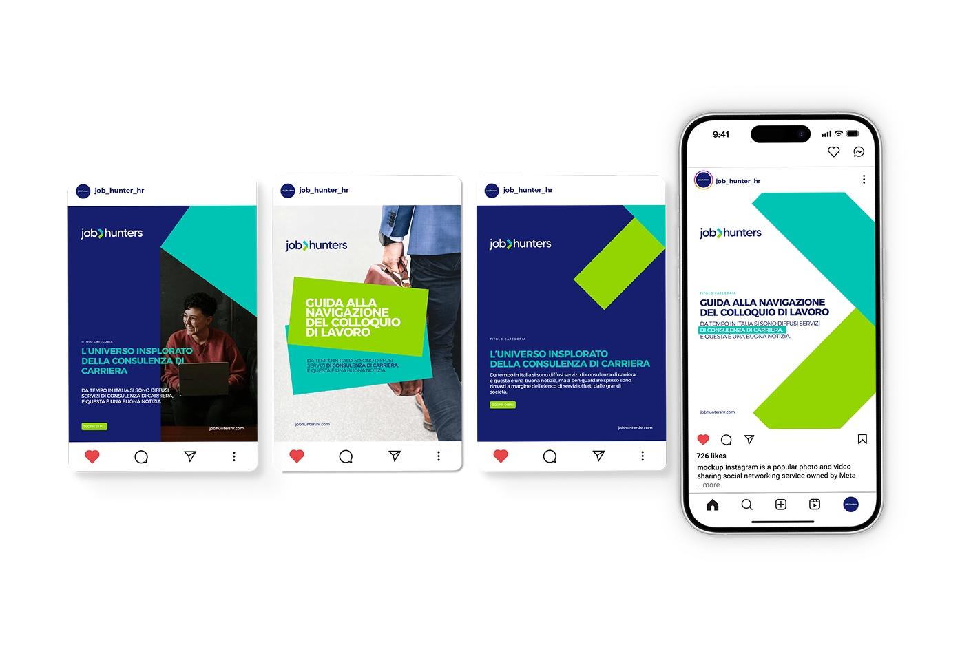Template post Instagram Jobhunters sistema visivo navy, teal e verde