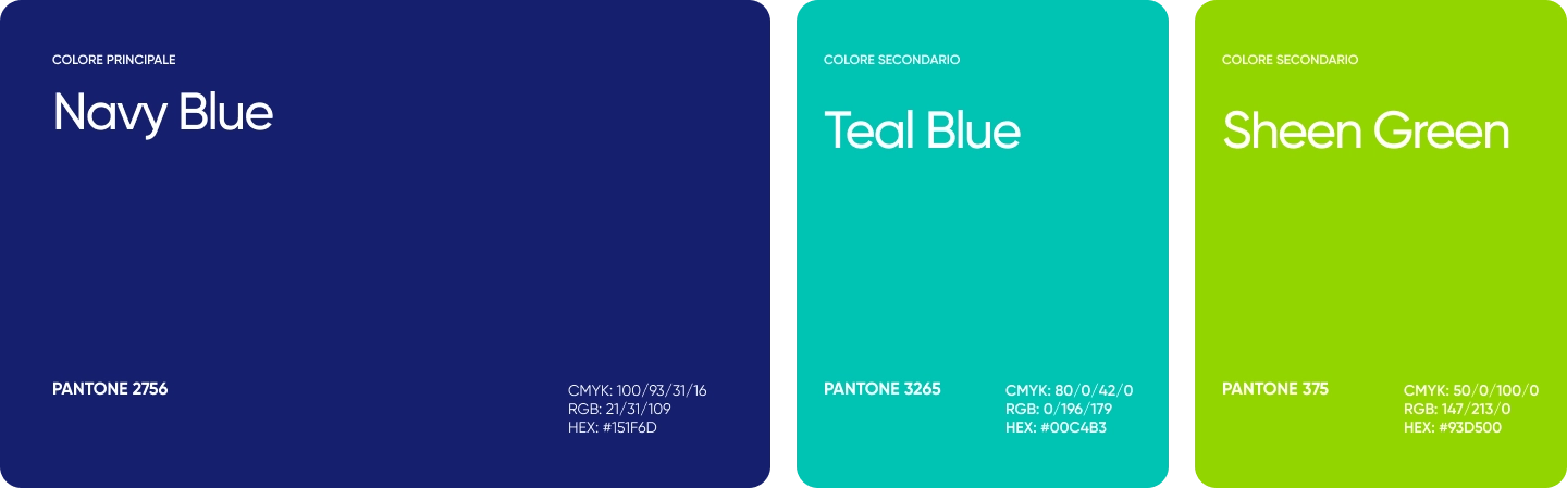 Palette colori Jobhunters — Navy Blue Pantone 2756, Teal Blue Pantone 3265, Sheen Green Pantone 375